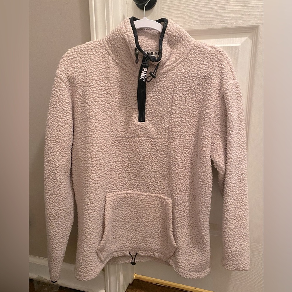 Victorias Secret PINK Sherpa Fleece 1/4 Zip Pullover Jacket Cream & Black small